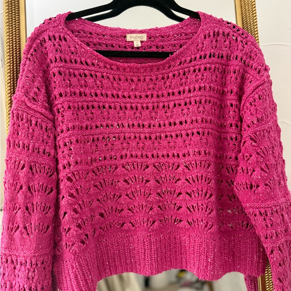 Pilcro Hot Pink Open-Knit Crewneck Sweater